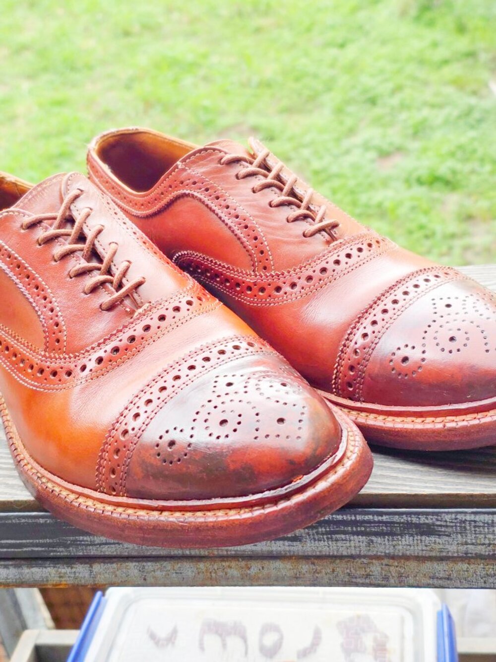 Allen Edmonds Elgin Brown 9.5-D Burnished Mens Leather Captoe Oxford Dress Shoes